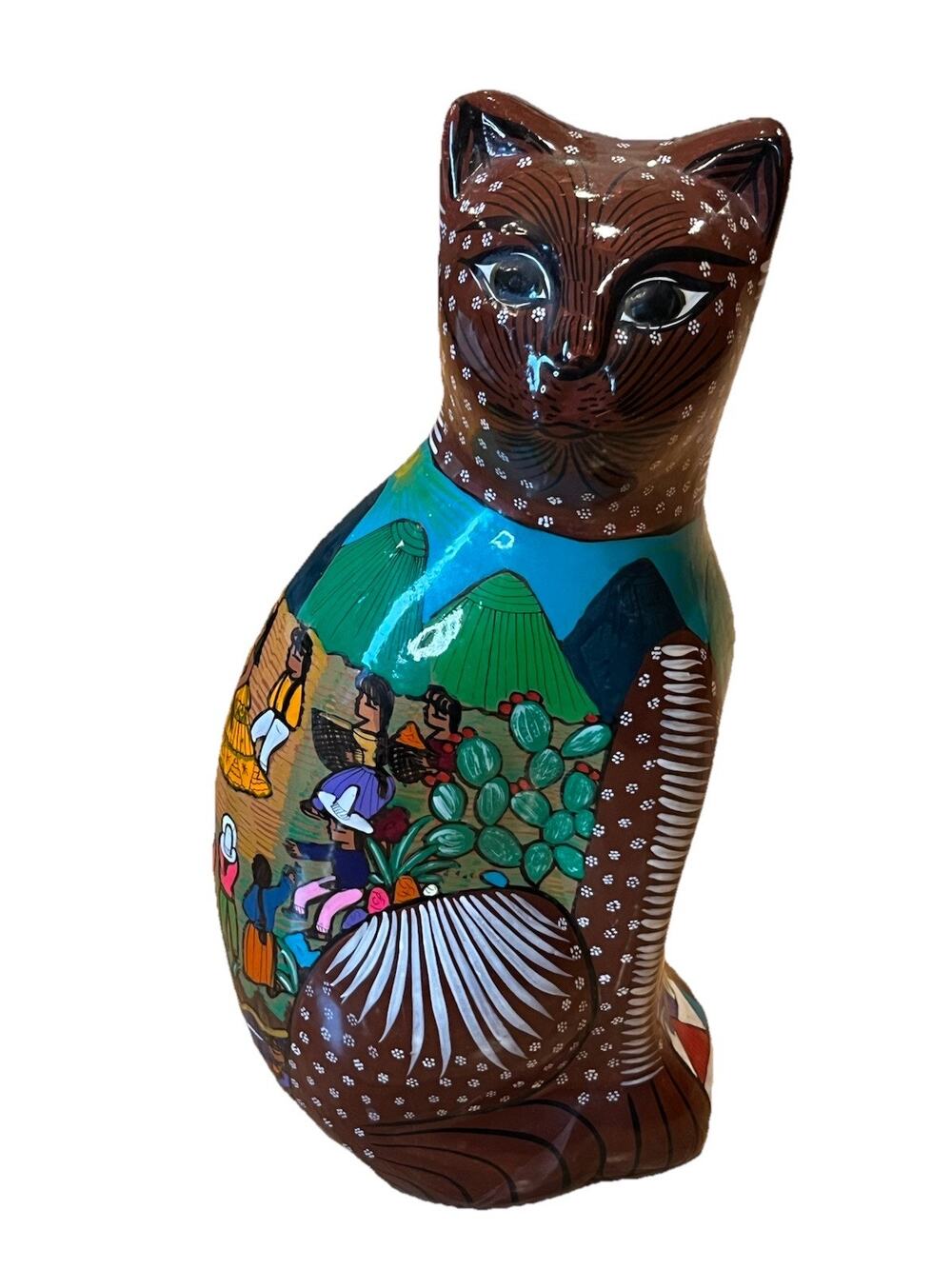 Vintage Cat Figurine Clay Mexican Pottery Folk Art Hand-painted Scenes 13”